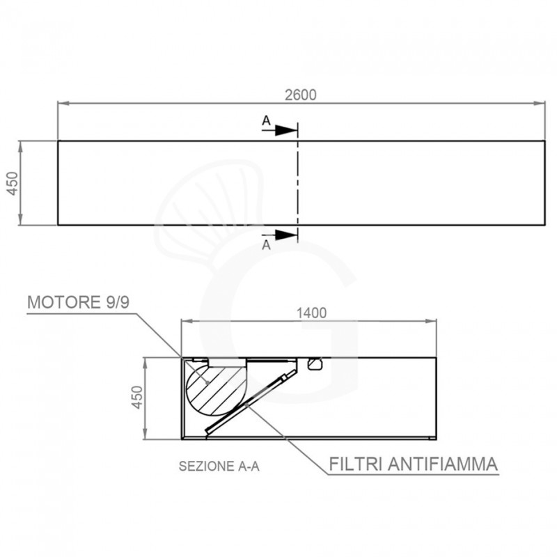 Kastenhaube mit Motor, B 2600 mm x T 1400 mm x H 450 mm