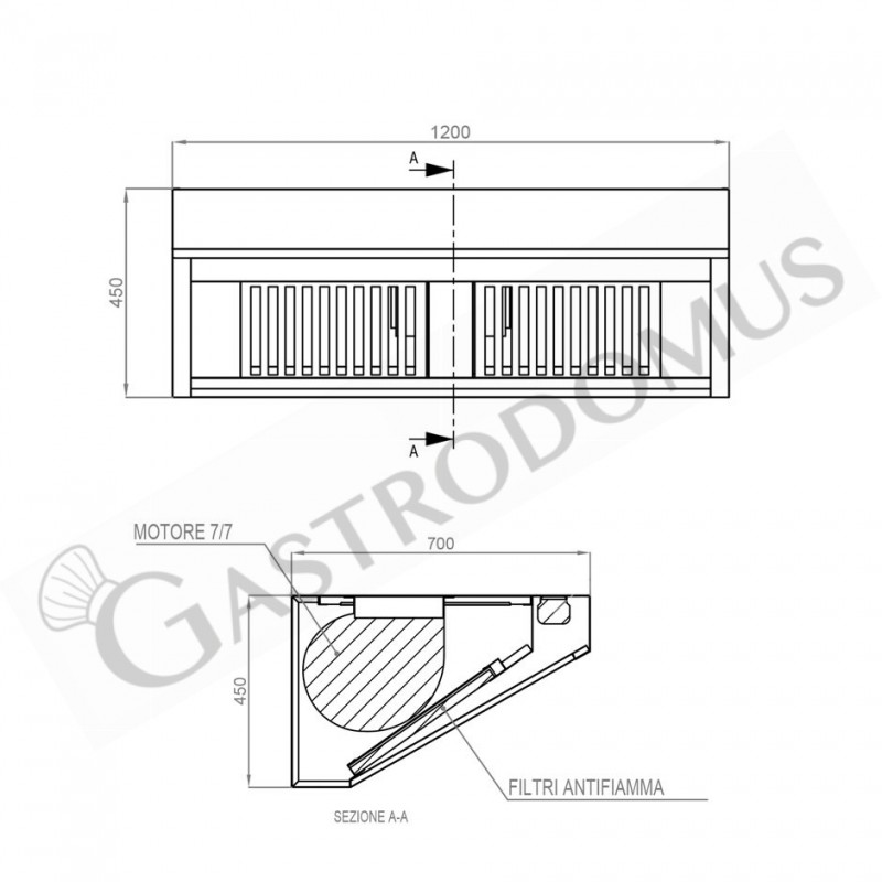 Wandhaube mit Motor, B 1200 mm x T 700 mm x H 450 mm