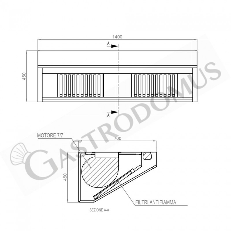 Wandhaube mit Motor, B 1400 mm x T 700 mm x H 450 mm