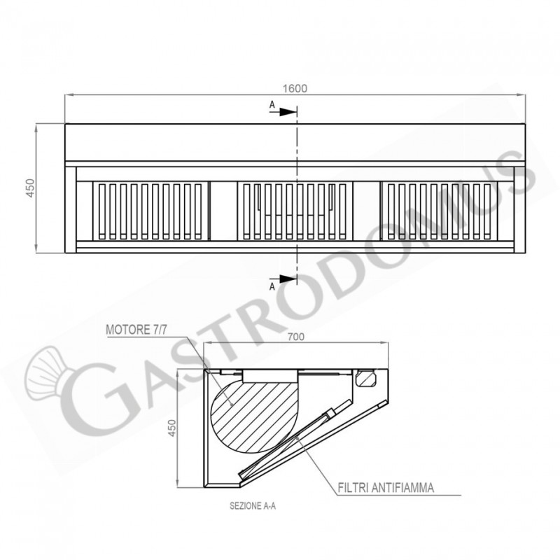Wandhaube mit Motor, B 1600 mm x T 700 mm x H 450 mm