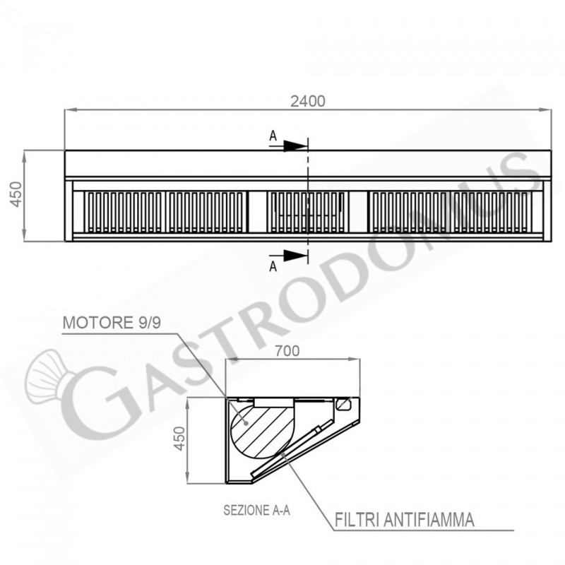 Wandhaube mit Motor, B 2400 mm x T 700 mm x H 450 mm