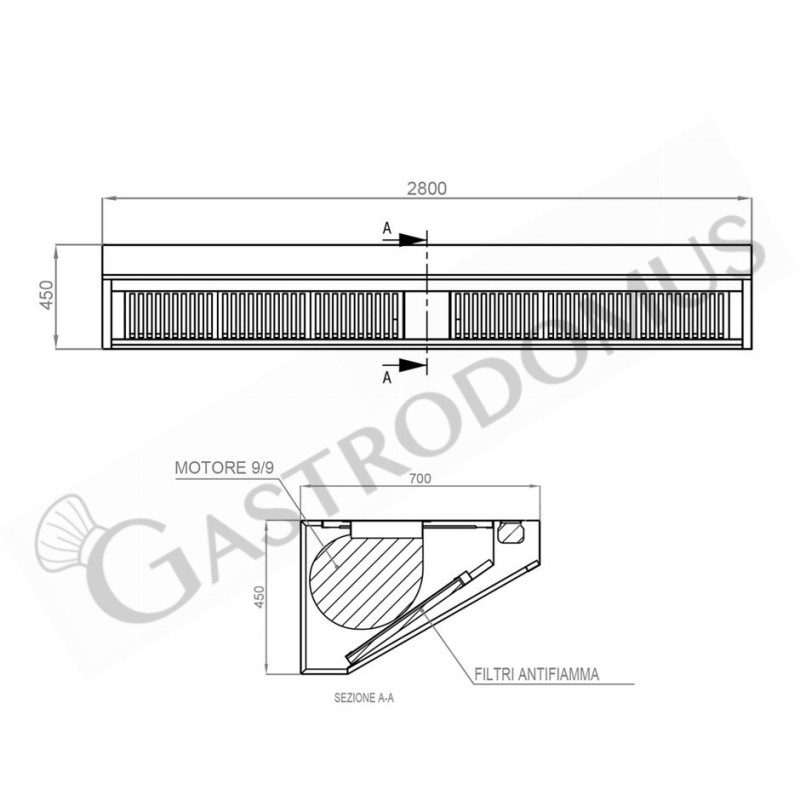 Wandhaube mit Motor, B 2800 mm x T 700 mm x H 450 mm