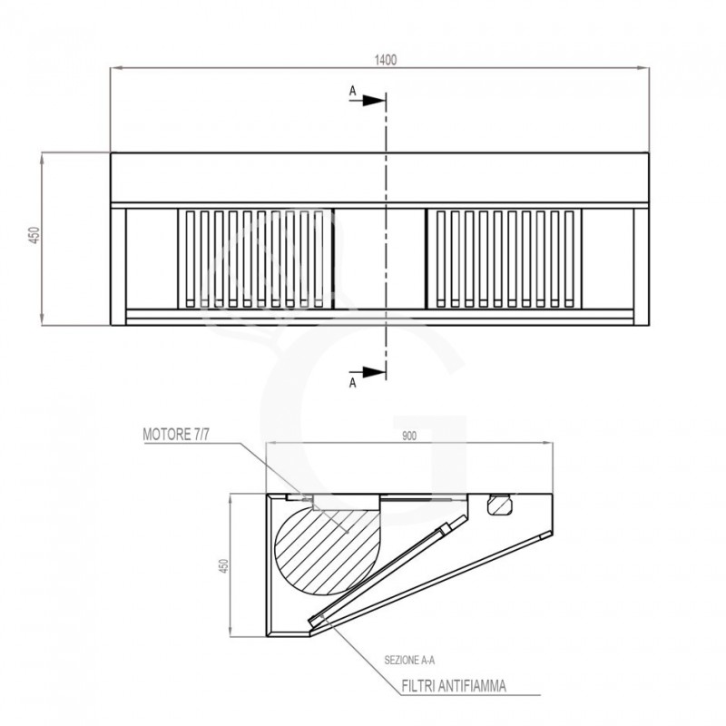 Wandhaube mit Motor, B 1400 mm x T 900 mm x H 450 mm