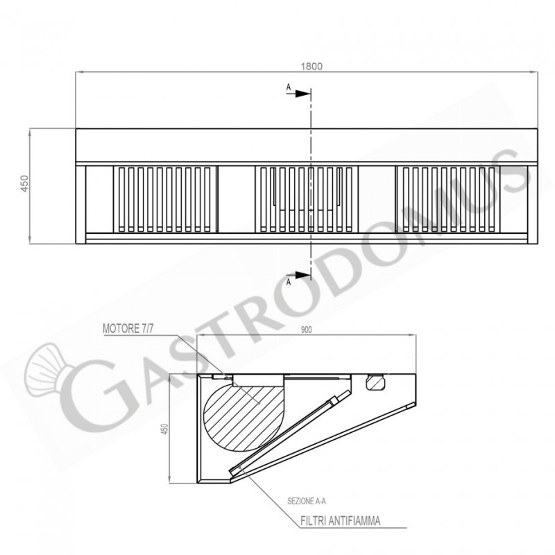 Wandhaube mit Motor, B 1800 mm x T 900 mm x H 450 mm