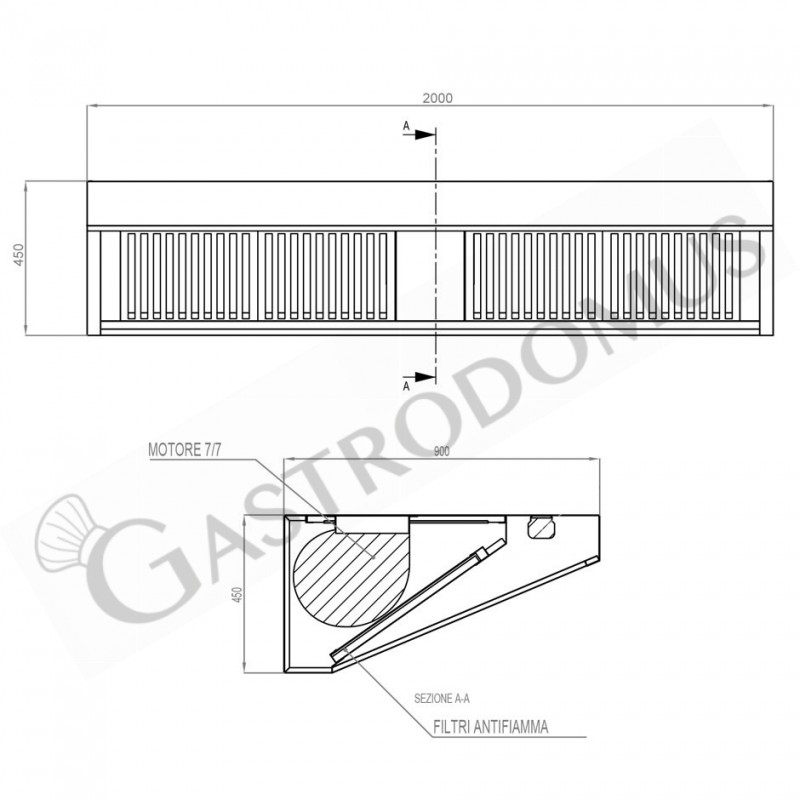 Wandhaube mit Motor, B 2000 mm x T 900 mm x H 450 mm