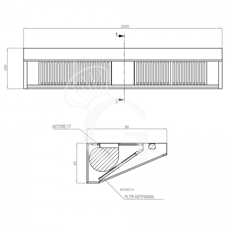 Wandhaube mit Motor, B 2200 mm x T 900 mm x H 450 mm