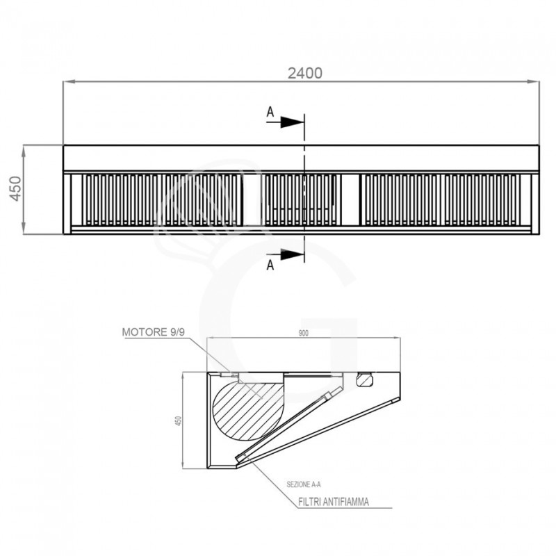 Snack Wandhaube mit Motor full optional B2400xT900xH450mm
