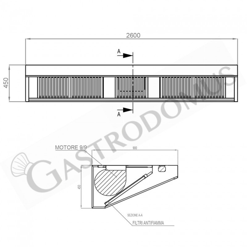Wandhaube mit Motor, B 2600 mm x T 900 mm x H 450 mm