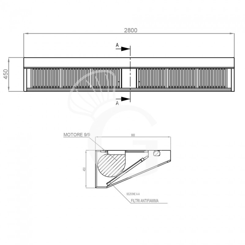 Wandhaube mit Motor, B 2800 mm x T 900 mm x H 450 mm