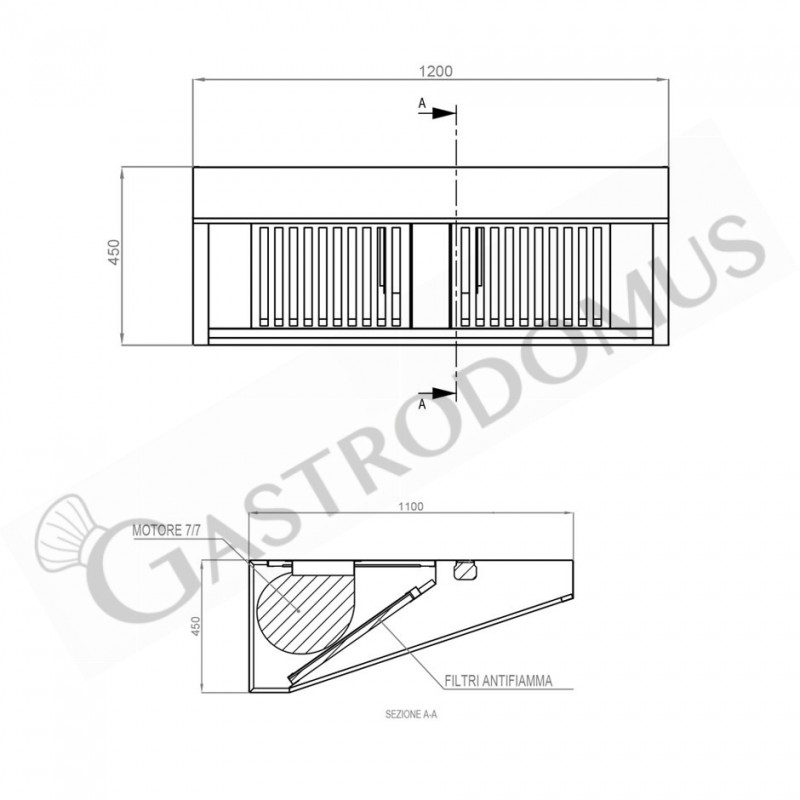 Wandhaube mit Motor, B 1200 mm x T 1100 mm x H 450 mm