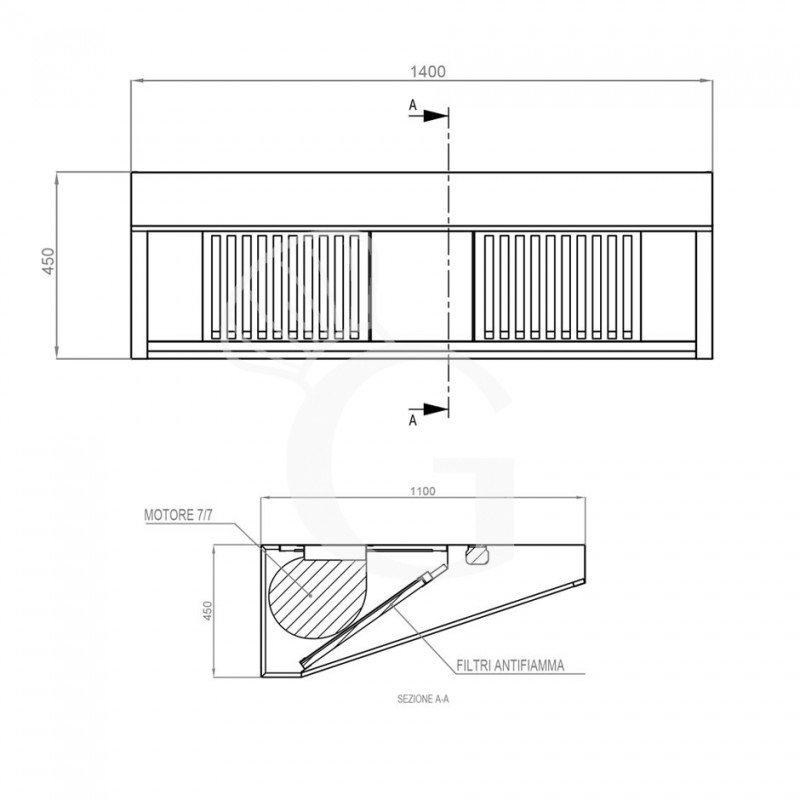 Wandhaube mit Motor, B 1400 mm x T 1100 mm x H 450 mm