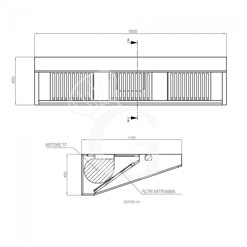 Wandhaube mit Motor, B 1800 mm x T 1100 mm x H 450 mm