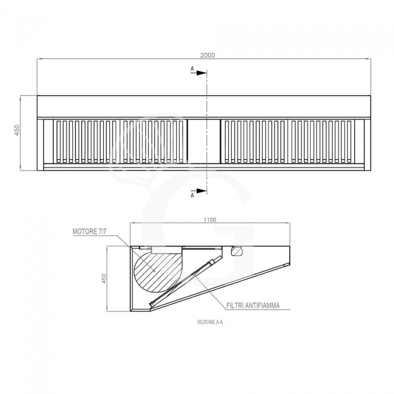 Wandhaube mit Motor, B 2000 mm x T 1100 mm x H 450 mm