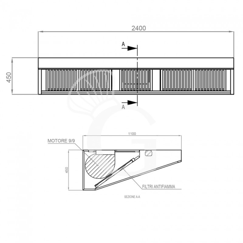 Wandhaube mit Motor, B 2400 mm x T 1100 mm x H 450 mm