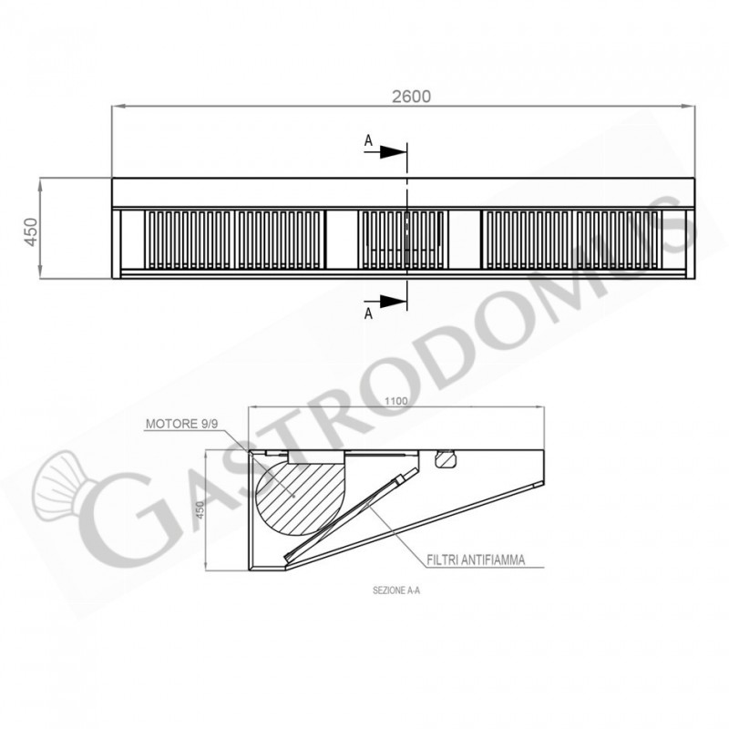 Wandhaube mit Motor, B 2600 mm x T 1100 mm x H 450 mm