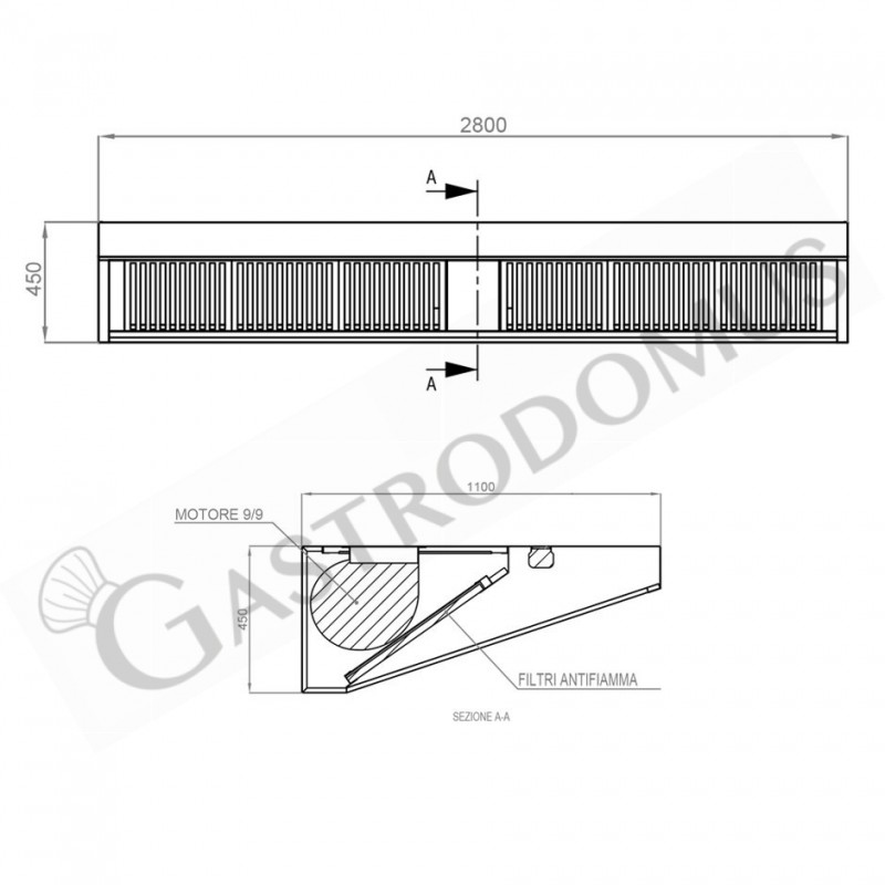 Wandhaube mit Motor, B 2800 mm x T 1100 mm x H 450 mm