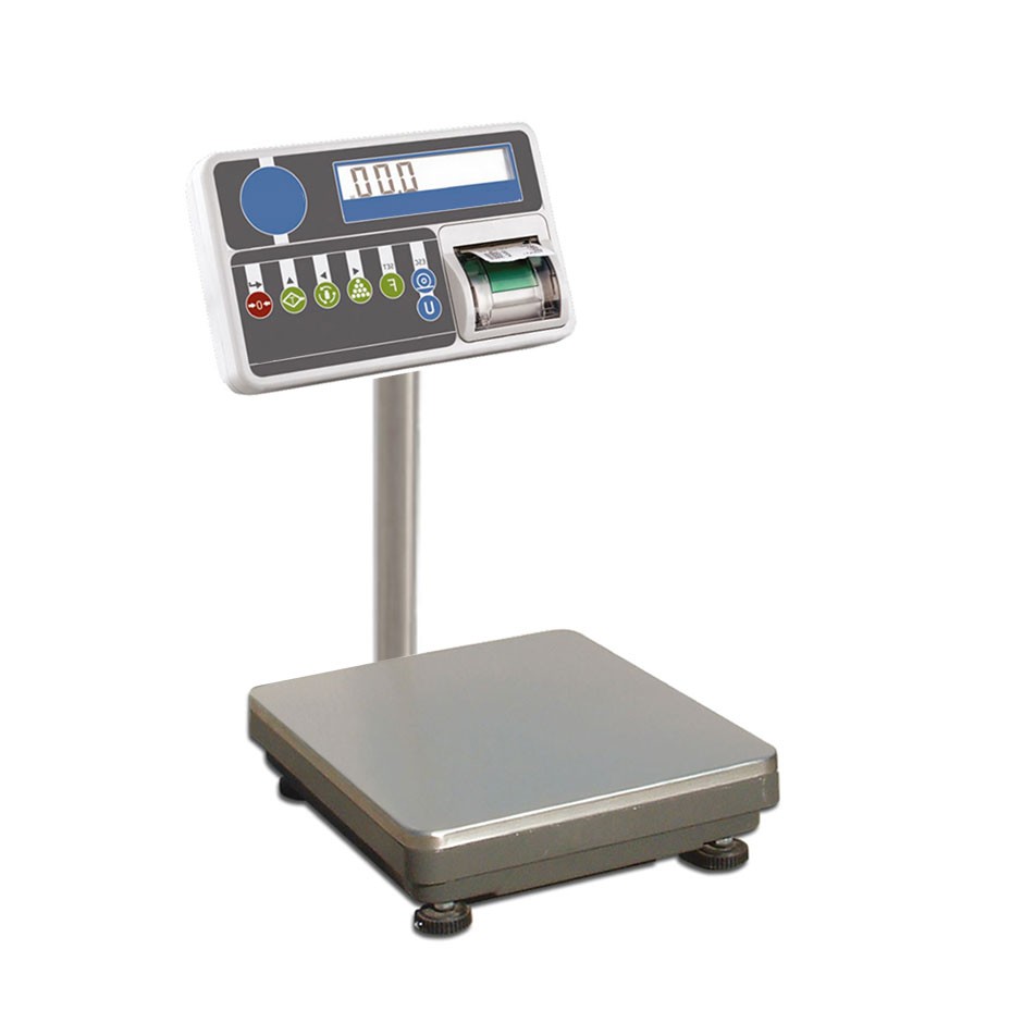 Geeichte Plattformwaage, einzellig, mit Hochanzeige und Drucker, B 400 x T 400 x H 600 mm