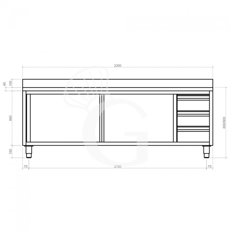 Schranktisch aus Edelstahl 2 Schiebetüren 3 Schubladen rechts Aufsatz B 2300 mm x T 600 mm x H 950 mm