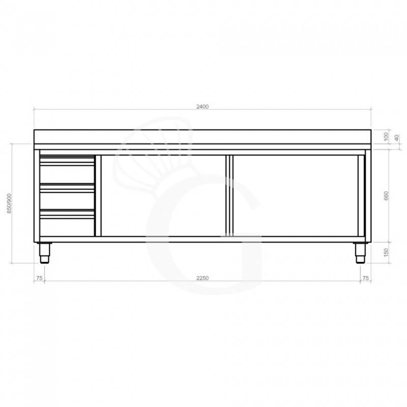 Schranktisch aus Edelstahl 2 Schiebetüren 3 Schubladen links Aufstaz B 2400 mm x T 600 mm x H 950 mm