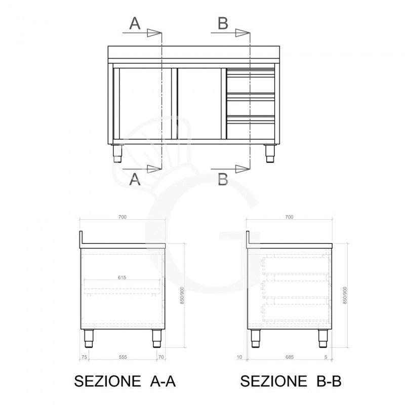 Schranktisch aus Edelstahl 2 Schiebetüren 3 Schubladen rechts Aufsatz B 2400 mm x T 700 mm x H 950 mm
