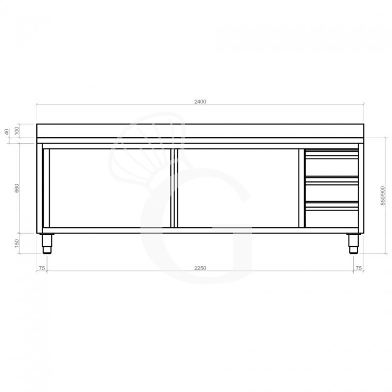 Schranktisch aus Edelstahl 2 Schiebetüren 3 Schubladen rechts Aufsatz B 2400 mm x T 700 mm x H 950 mm