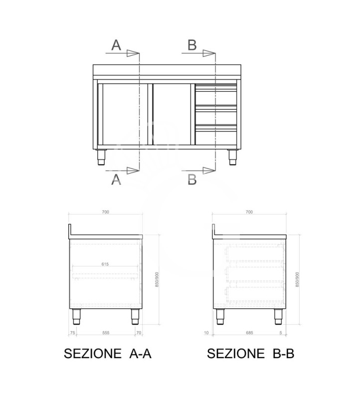 Schranktisch aus Edelstahl 2 Schiebetüren 3 Schubladen links Aufsatz B 2400 mm x T 700 mm x H 950 mm