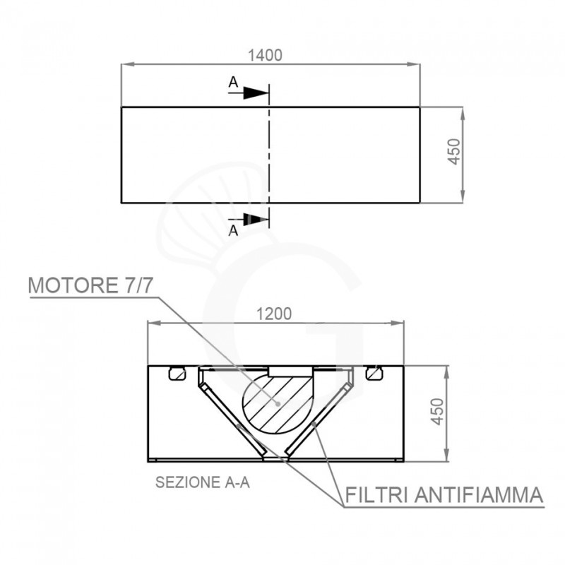 Deckenhaube mit Motor, B 1400 mm x T 1200 mm x H 450 mm