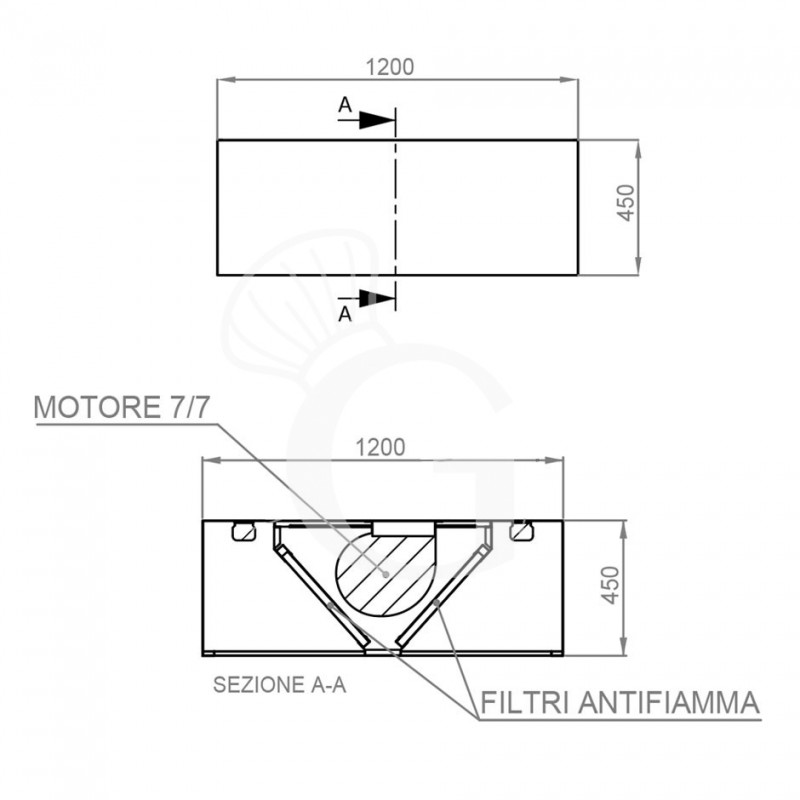 Deckenhaube mit Motor, B 1200 mm x T 1200 mm x H 450 mm