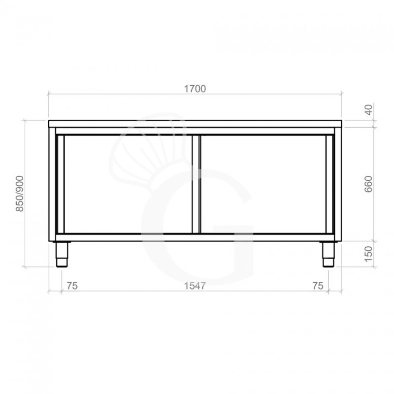 Durchreicheschranktisch aus Edelstahl mit Schiebetüren B 1700 mm x T 600 mm x H 850 mm