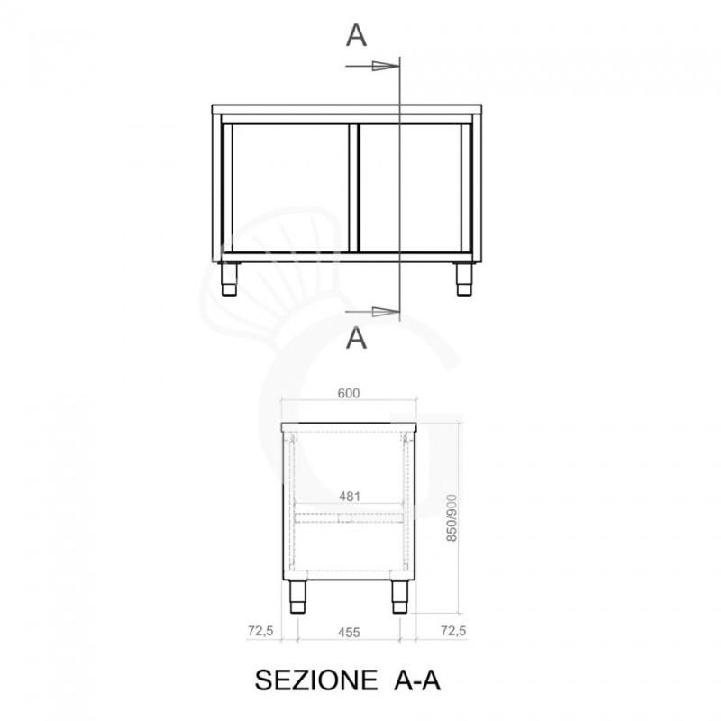 Durchreicheschranktisch aus Edelstahl mit Schiebetüren B 1700 mm x T 600 mm x H 850 mm
