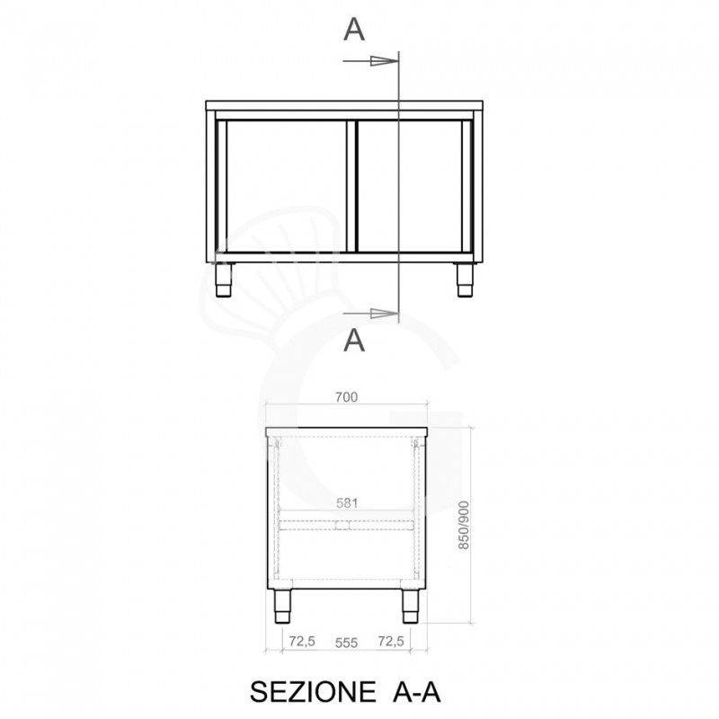 Durchreicheschranktisch aus Edelstahl mit Schiebetüren B 1500 mm x T 700 mm x H 850 mm