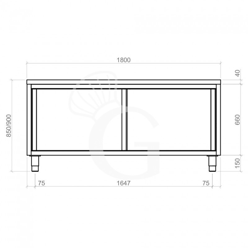 Durchreicheschranktisch aus Edelstahl mit Schiebetüren B 1800 mm x T 700 mm x H 850 mm