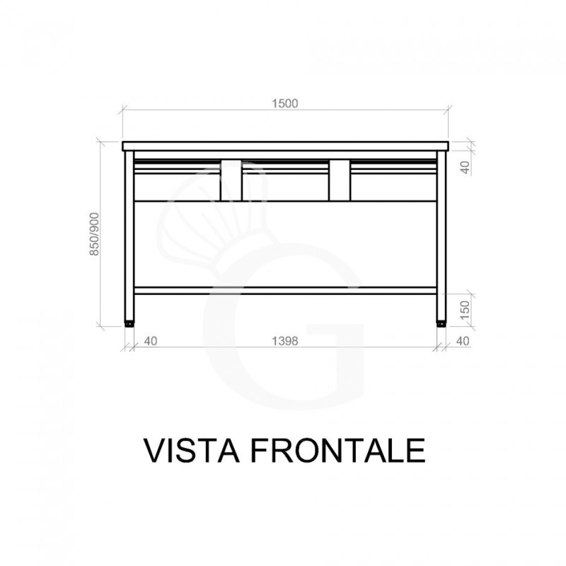 Tavolo semplice in acciaio inox con piano, 3 cassetti e misure L 1500 mm x P 600 mm x H 850 mm