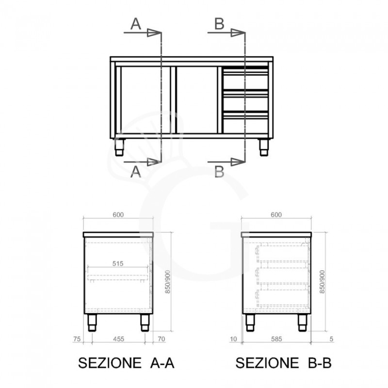 Schranktisch aus Edelstahl 2 Schiebetüren 3 Schubladen rechts B 2400 mm x T 600 mm x H 850 mm