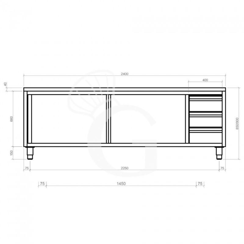 Schranktisch aus Edelstahl 2 Schiebetüren 3 Schubladen rechts B 2400 mm x T 700 mm x H 850 mm