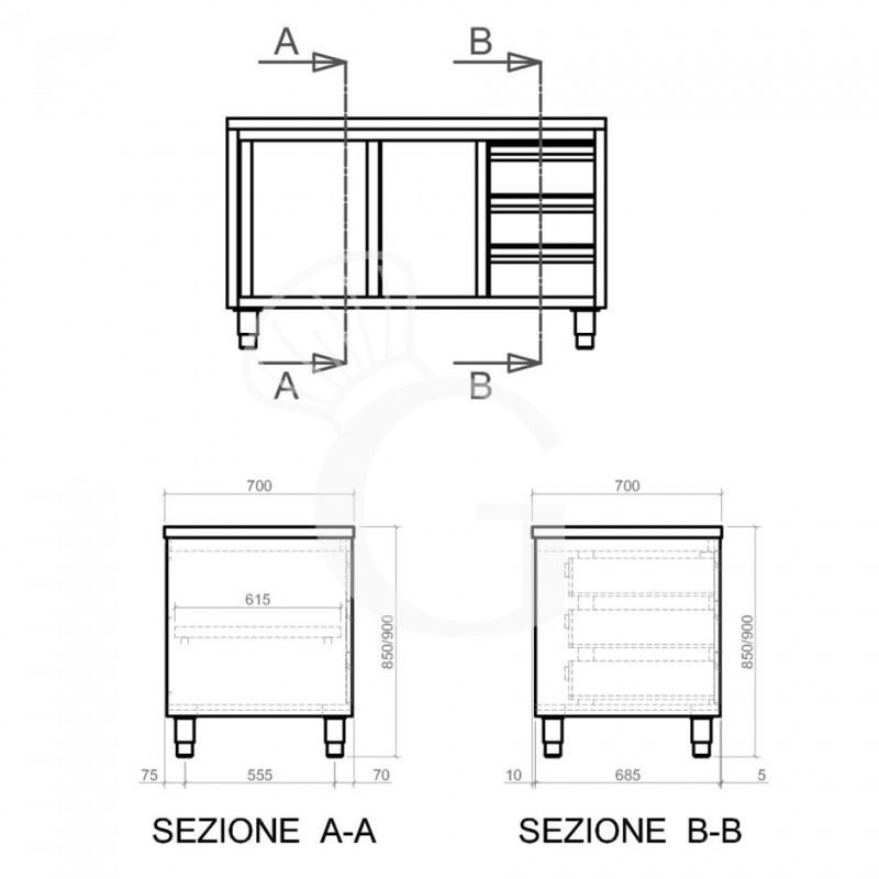 Schranktisch aus Edelstahl 2 Schiebetüren 3 Schubladen rechts B 2400 mm x T 700 mm x H 850 mm