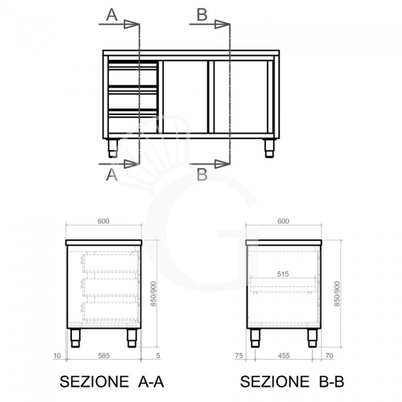 Schranktisch aus Edelstahl 2 Schiebetüren 3 Schubladen links B 2400 mm x T 600 mm x H 850 mm