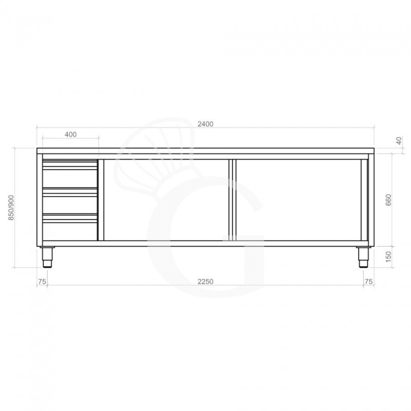 Schranktisch aus Edelstahl 2 Schiebetüren 3 Schubladen links B 2400 mm x T 600 mm x H 850 mm