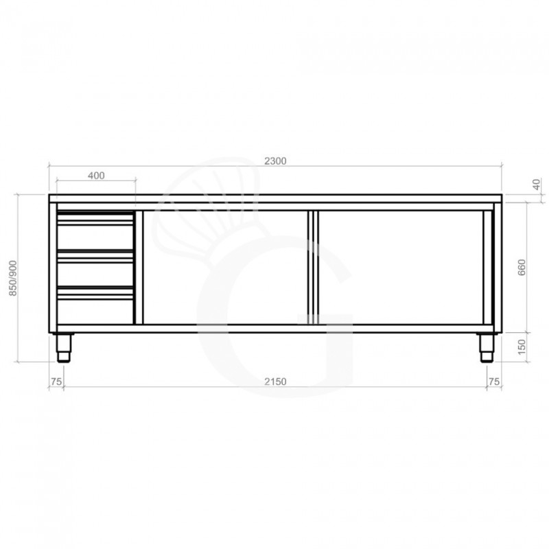 Schranktisch aus Edelstahl 2 Schiebetüren 3 Schubladen links B 2300 mm x T 700 mm x H 850 mm