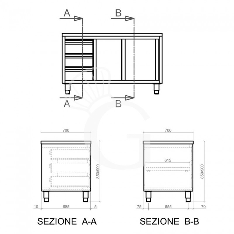 Schranktisch aus Edelstahl 2 Schiebetüren 3 Schubladen links B 2400 mm x T 700 mm x H 850 mm