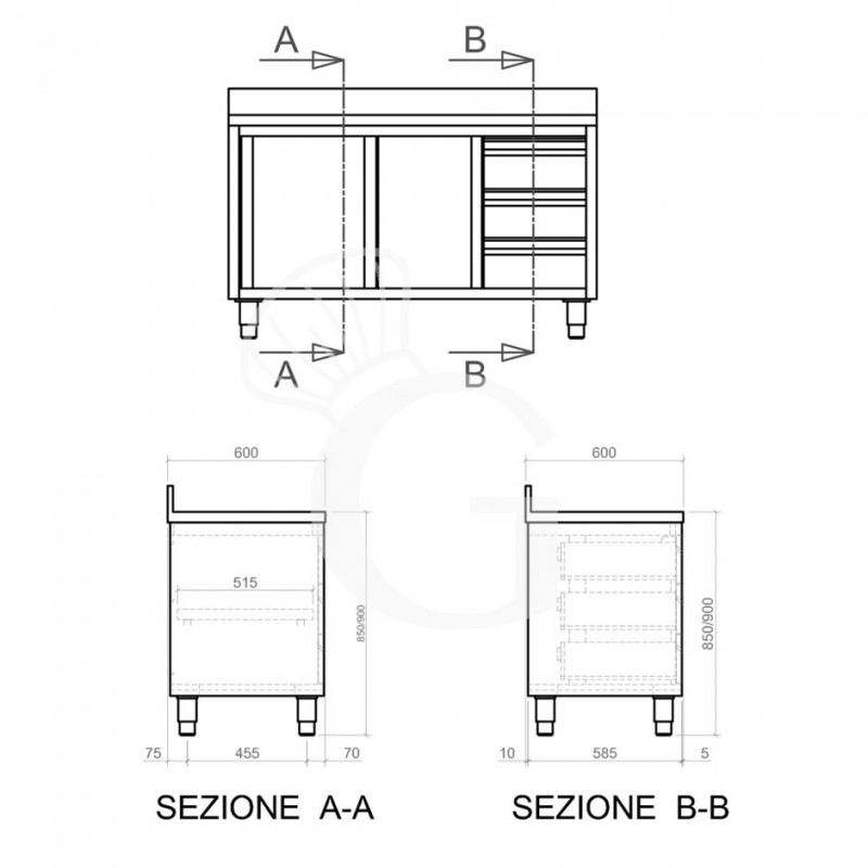 Schranktisch aus Edelstahl 2 Schiebetüren 3 Schubladen rechts Aufsatz B 2300 mm x T 600 mm x H 950 mm