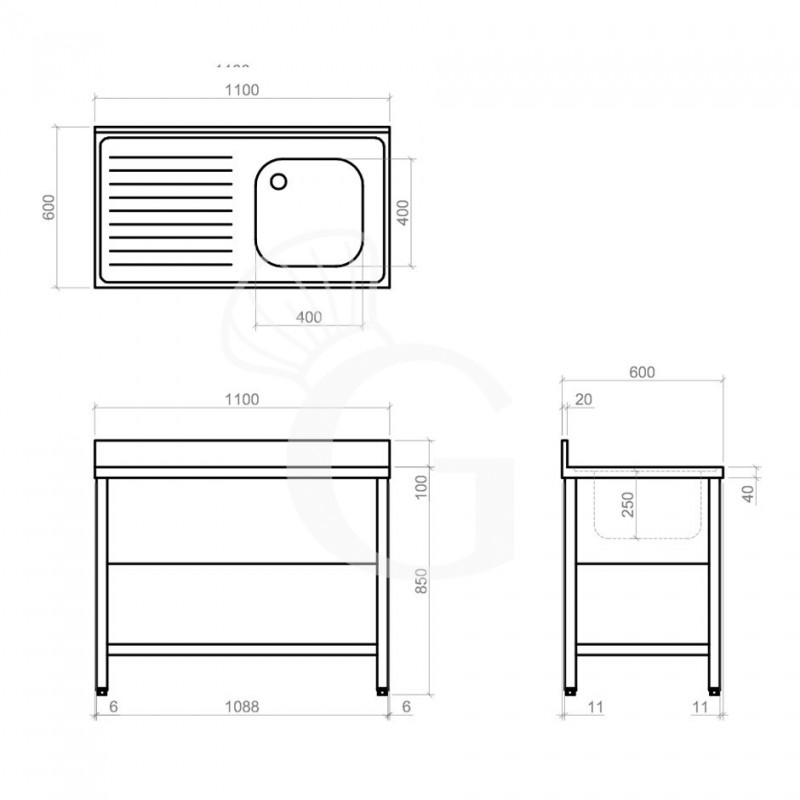 Spültisch, Edelstahl, 1 Becken, Abtropffläche links,Grundboden, Aufkantung, B 1100 mm x T 600 mm x H 950 mm