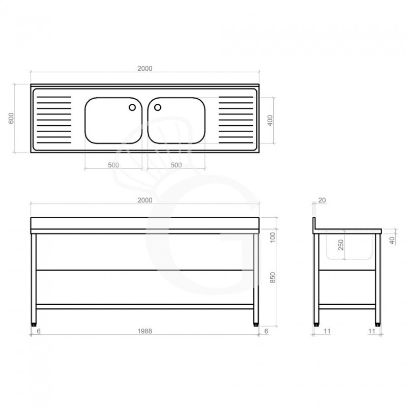 Lavello semplice con alzatina, 1 ripiano, 2 vasche, 2 gocciolatoi, L2000xP600xH850mm