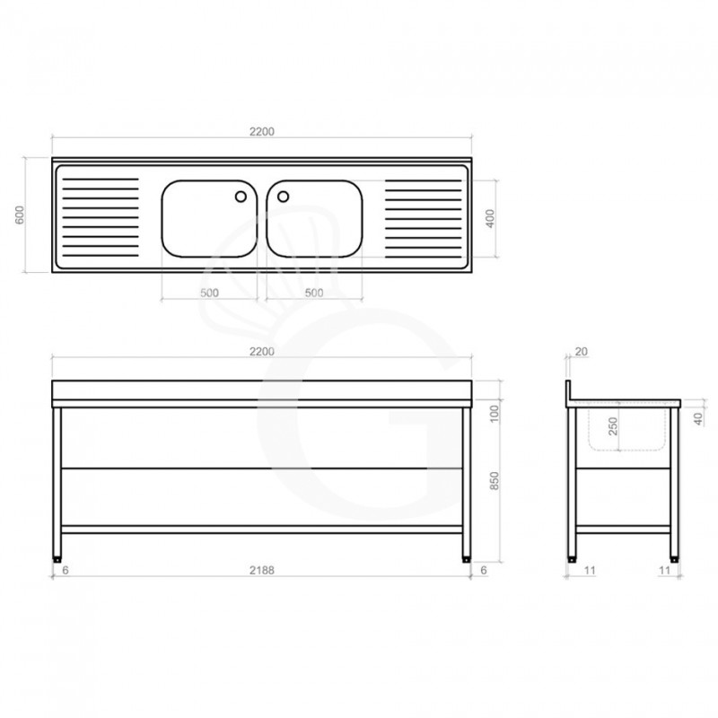 Edelstahl – Spültisch – Grundboden – Aufkantung – 2 Becken – 2 Ablagen – B 2200 mm x T 600 mm x H 950 mm