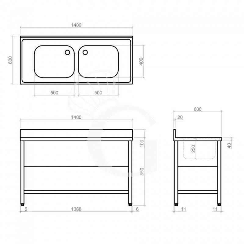 Spültisch, Edelstahl, 2 Becken, Grundboden, Aufkantung, B 1400 mm x T 600 mm x H 950 mm