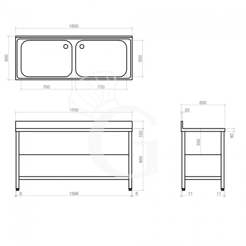 Spültisch, Edelstahl, 2 Becken, Grundboden, Aufkantung, B 1600 mm x T 600 mm x H 950 mm