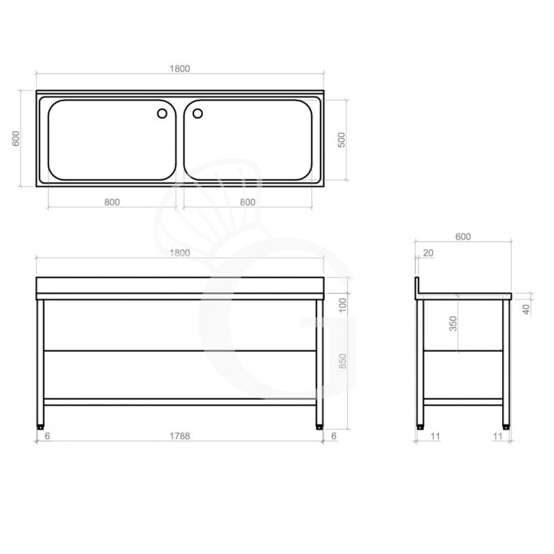 Spültisch, Edelstahl, 2 Becken, Grundboden, Aufkantung, B 1800 mm x T 600 mm x H 950 mm