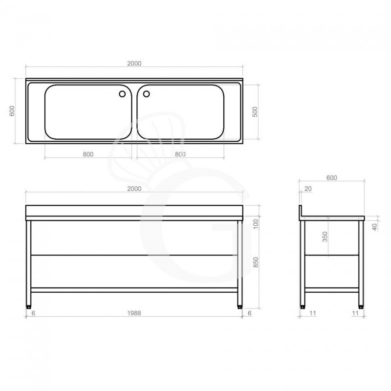 Topf-Spültisch, Edelstahl, 2 Becken, Grundboden, Aufkantung, B 2000 mm x T 600 mm x H 950 mm