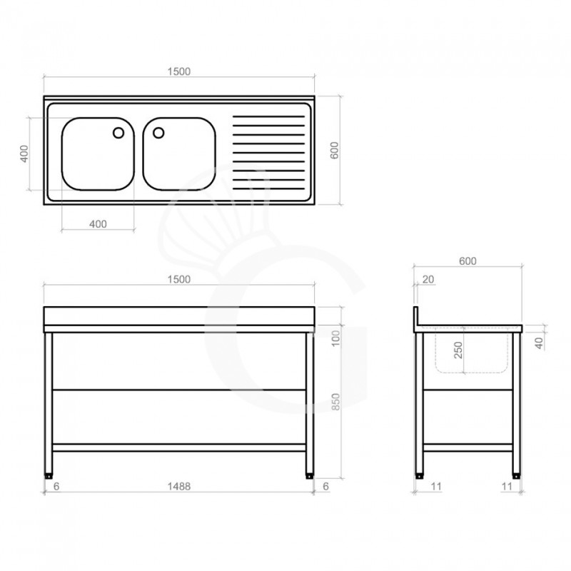 Spültisch, Edelstahl, 2 Becken, Abtropffläche rechts, Grundboden, Aufkantung, B 1500 mm x T 600 mm x H 950 mm