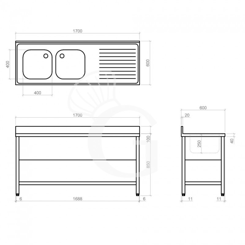 Spültisch, Edelstahl, 2 Becken, Abtropffläche rechts, Grundboden, Aufkantung, B 1700 mm x T 600 mm x H 950 mm